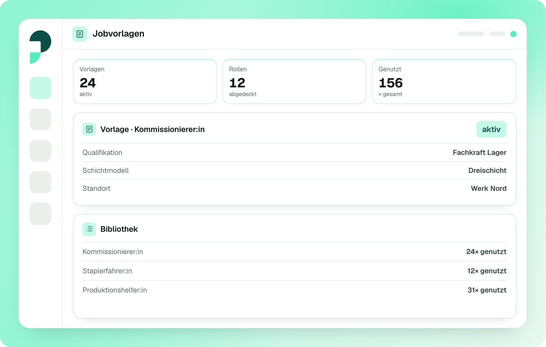 Jobvorlage in Pactos: die Schritte Allgemeine Informationen, Ort und Zeit, Qualifikationen, Gehalt und Zuschläge, On- und Offboarding und Verteilung, rechts die Felder für Name, Qualifikationsprofil und Industrie.