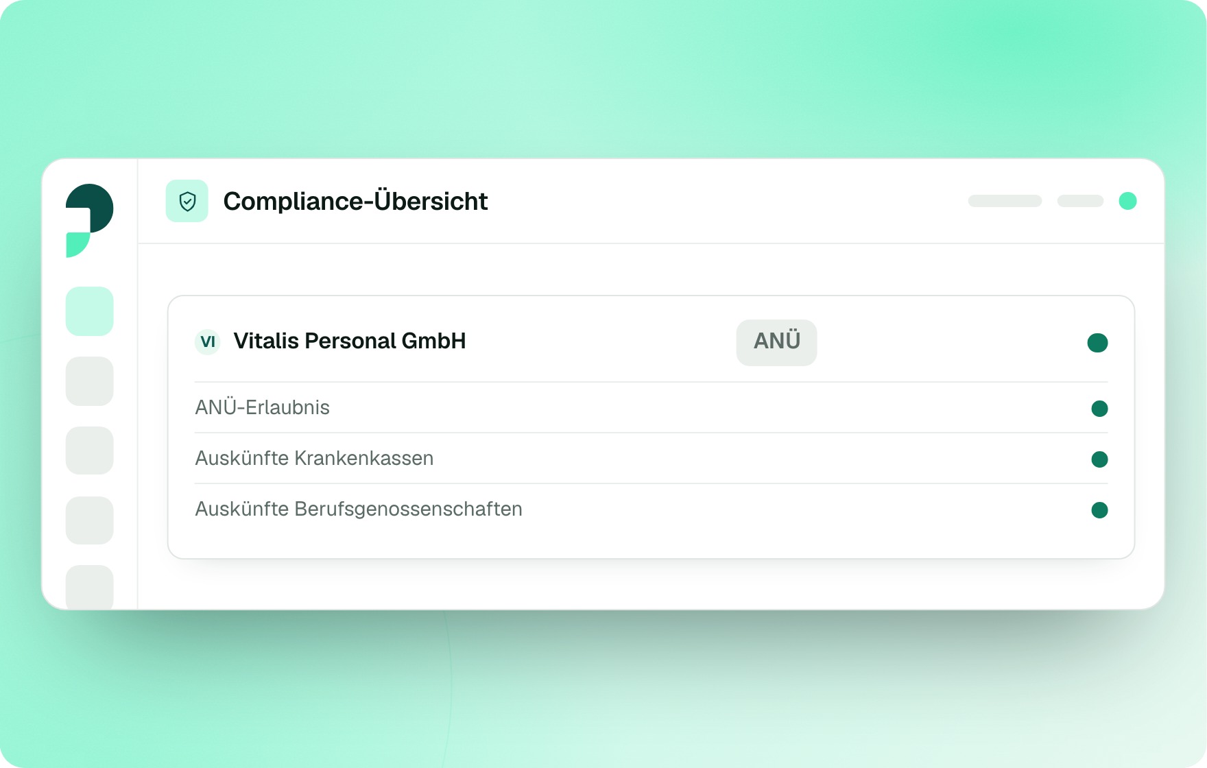 Compliance-Übersicht in Compliance Intelligence: je Personaldienstleister der Stand von AÜ-Erlaubnis, Auskunft der Krankenkassen und Auskunft der Berufsgenossenschaften.